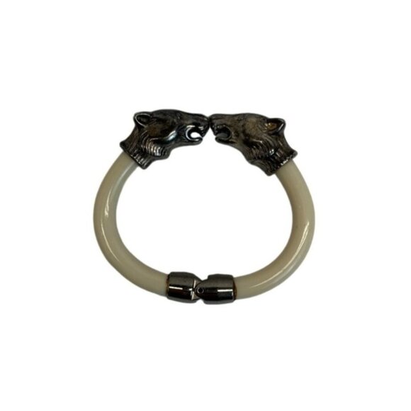 Jewelry - Vtg KIssing Bear Clamp Cuff Silver Tone and White Lucite Bangel Bracelet - 6in